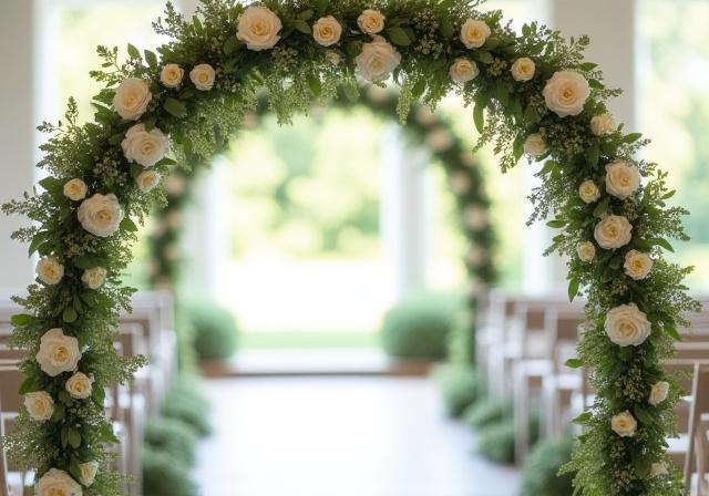 An elegant wedding arch decorated with white and green flowers.